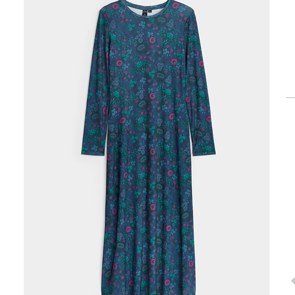 Eco-friendly blue and ditsy pink flowers long sleeve midi dress NWT - Picture 1 of 5